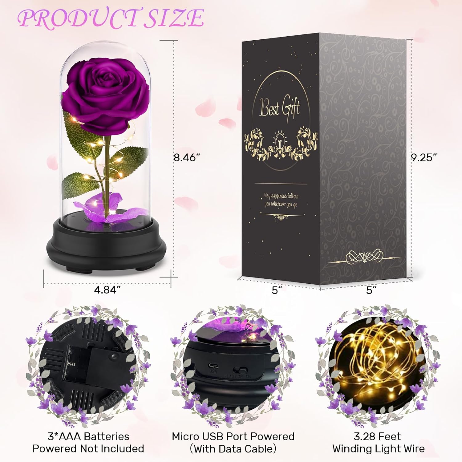 Valentine Gift For Women,Birthday Gift For Her,Rose Artificial Flowers In A Dome,Unique Gift For Valentine,Wedding,Mother Day,Anniversary (Purple)