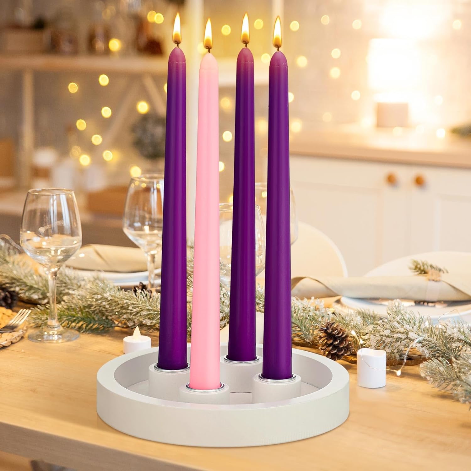 7 Inch Christmas Advent Candle Holder With 12 Taper Candles Candlestick Advent Wreath Candleholder Tray For 4 Candles Christmas Table Centerpiece Party Decorations(White,Classic)