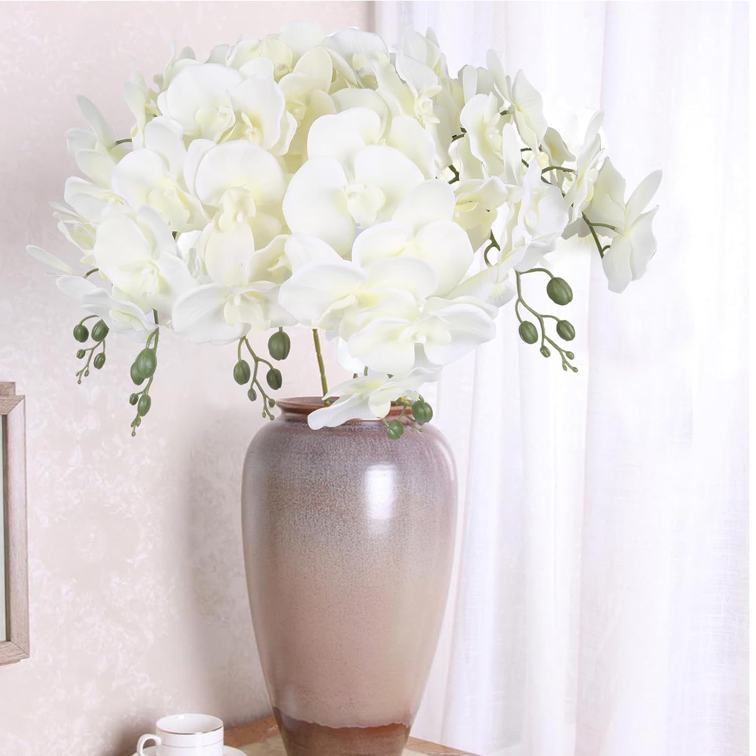 6Pcs White Orchids Artificial Flowers With 9 Large Blooms 37.4" Long Stem Fake Silk Orchid Look Real Flowers For Tall Vase Faux Orchids For Wedding Home Party Dining Table Centerpiece Decoration