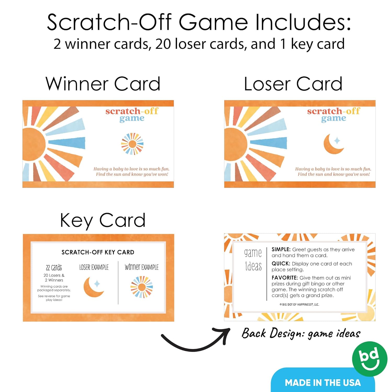 Big Dot of Happiness Retro Sunshine Baby Shower Scratchers, Here Comes The Son Boy Boho Party Game Scratch Off Cards - 22 Count