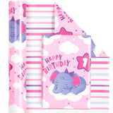 Reversible 1St Birthday Wrapping Paper - Mini Roll - 17 Inch X 33 Feet - Adorable Elephant Happy Birthday Wrapping Paper For Girls, Baby Shower, Party