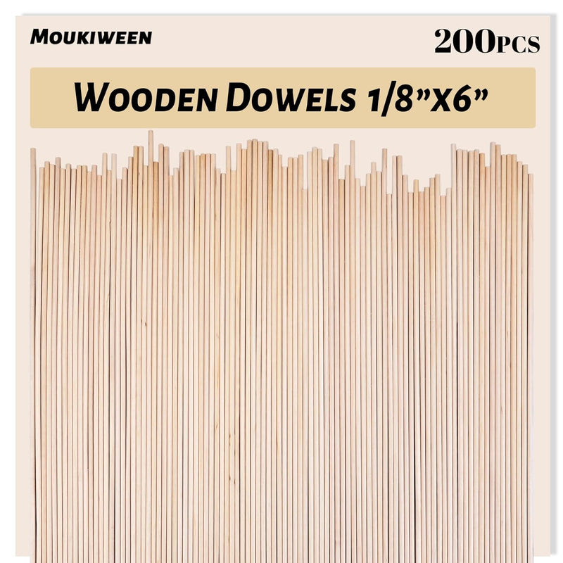 200 Pieces Wooden Dowel Rod-6"X1/8" Unfinished Natural Hardwood Sticks, Round