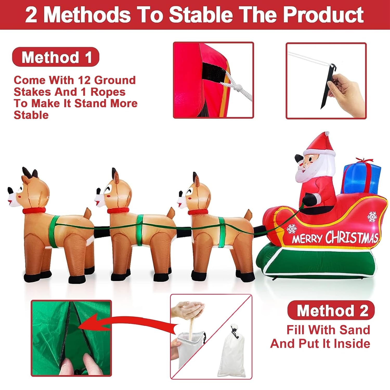 12 Feet Long Christmas Inflatable Decorations Outdoor Led Lighted Santa Claus On Sleigh Three Reindeer Deer Gift Box Blo