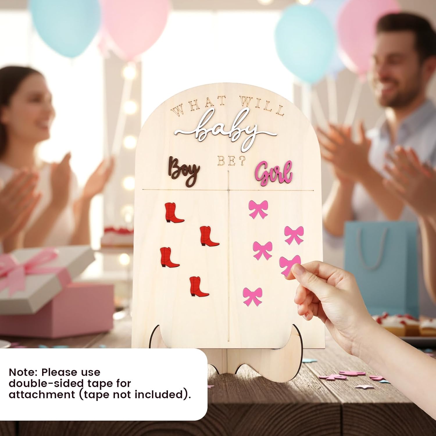 Gender Reveal Voting Board, Boy Or Girl Gender Reveal Decorations, Baby Shower Games - He Or She What Will Baby Be Guessing Game Wooden Board With Stand And Boots Or Bows Gender Reveal Decorations