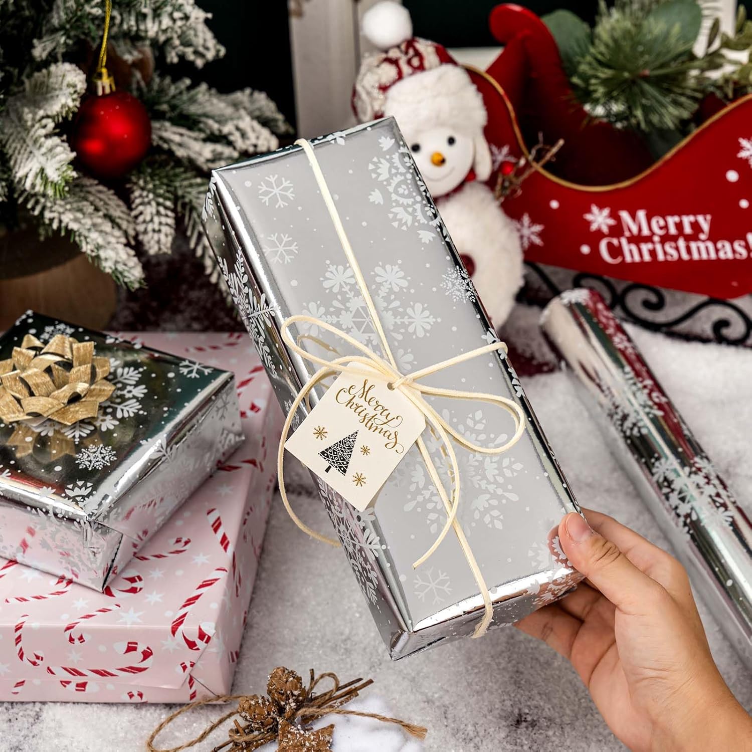 Snowflake Christmas Wrapping Paper - 17 Inch X 32.8 Feet Mini Roll - Candy Cane Metallic Shiny Silver Gift Wrap Paper For Holiday Shower Party Celebration