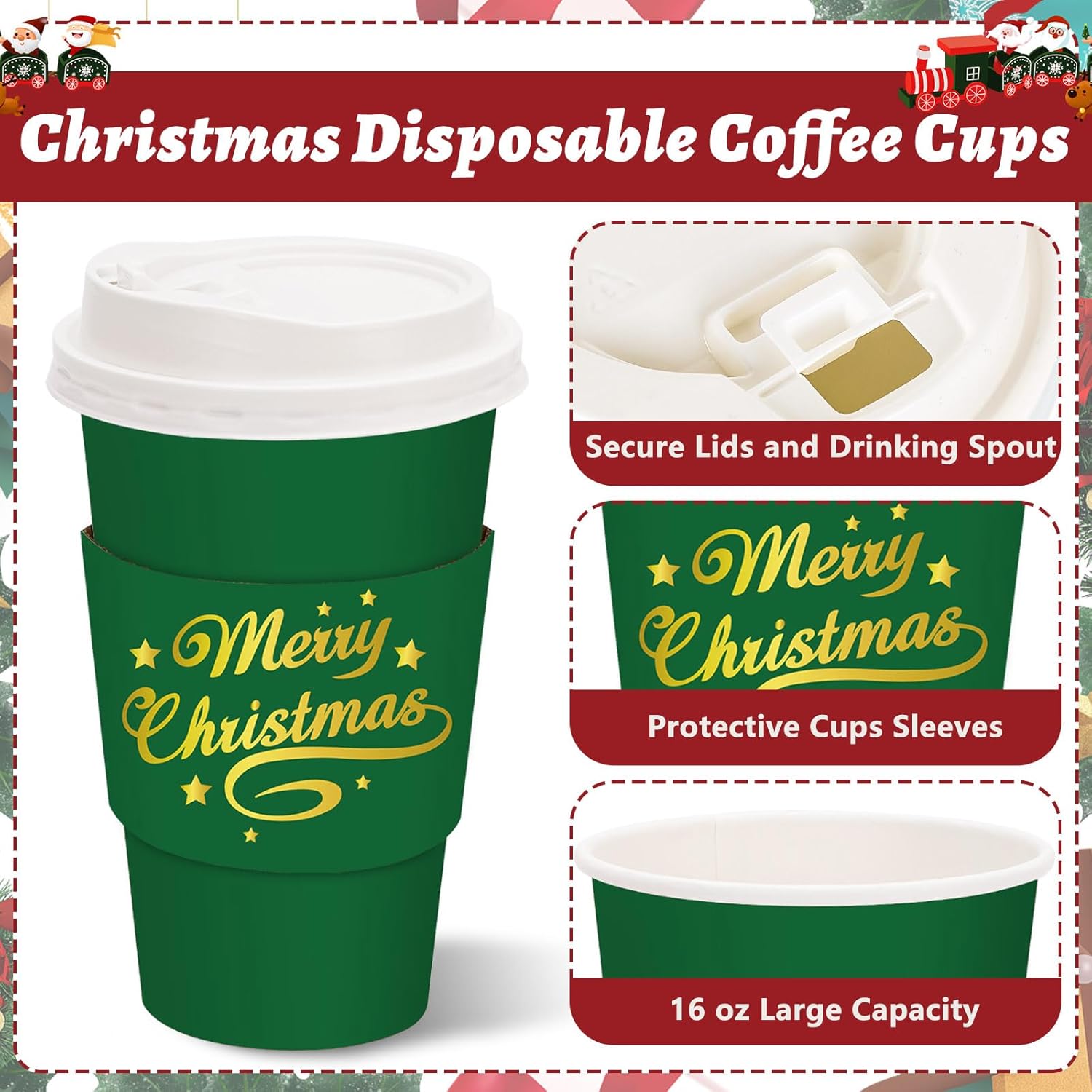 50 Set Christmas Disposable Coffee Cups With Lids And Sleeves Red Green Gold Merry Christmas Paper Drinking Cups For Xmas Party Supplies