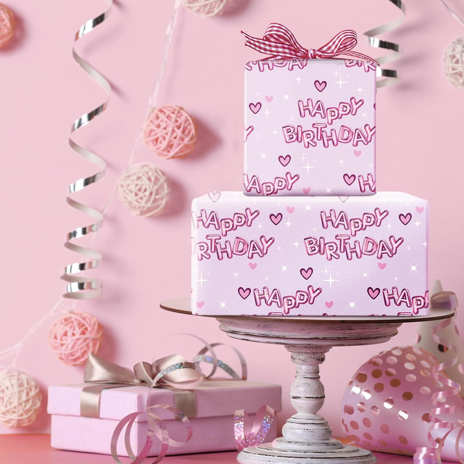 Birthday Wrapping Paper Women Girls, Mini Roll, Hearts And Pink Happy Birthday Balloons Design Gift Wrap Paper Perfect For Girls' Party Gifts, 17 Inches X 16.4 Feet