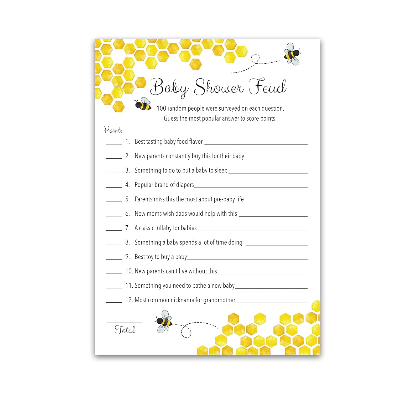 Bee Baby Shower Feud Game — Pack Of 25 — Fun Shower Family Feud Games, Mommy To Bee Bumble Bee Yellow Honeybee Bumblebee Rustic Gender Neutral Baby Shower Fued Activity G620-Bsf