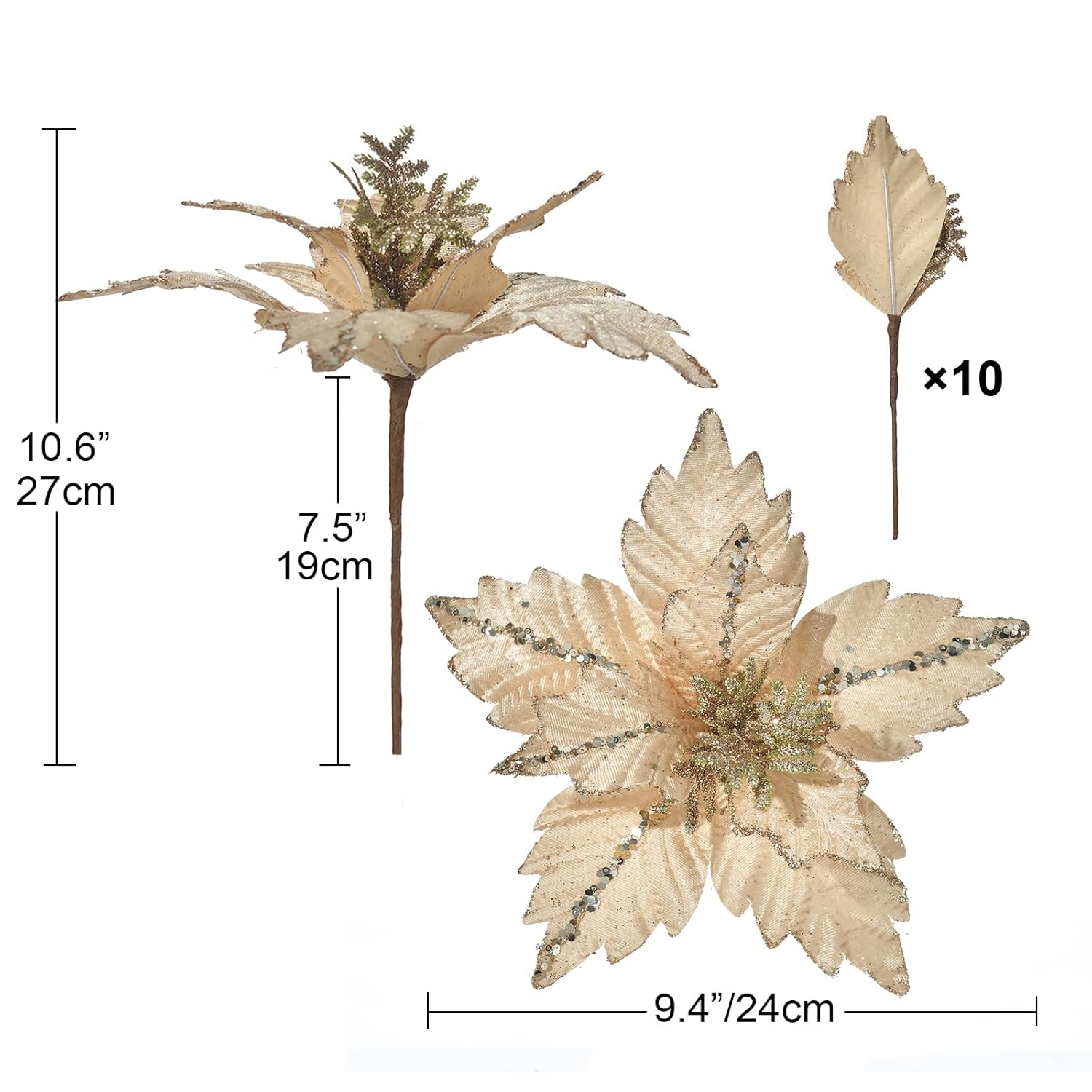 Christmas Poinsettia 10Pcs 9.4-Inch Large Christmas Flowers Picks Spray Artificial Glitter Flower Ornaments For Christmas Tree Wreath Garland Decoration (Champagne)