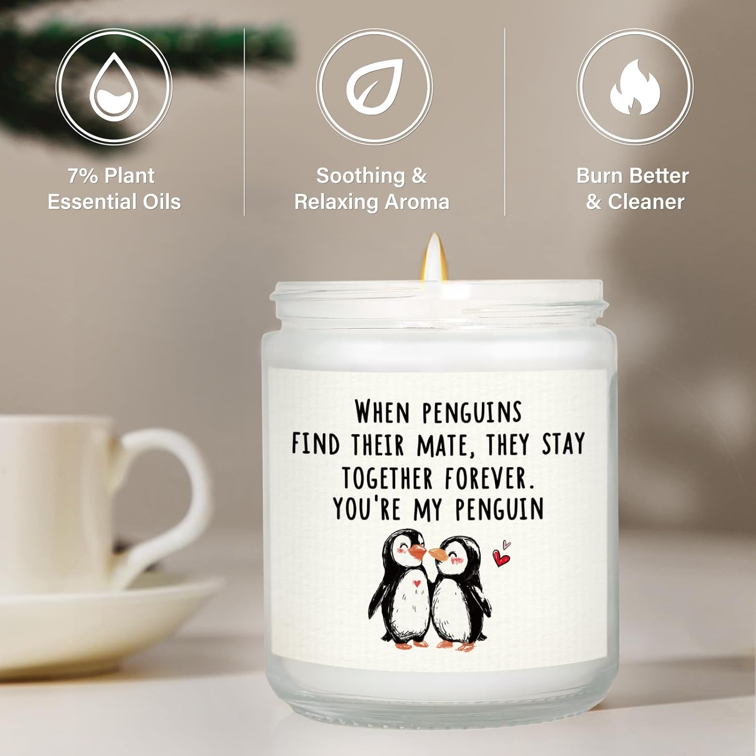Craftique Valentines Day Gifts for Her, Him- Romantic Penguin Candle- Anniversary Birthday Gifts for Girlfriend Boyfriend, I Love You Gift for Her Him Wife Husband, Lavender, 7oz
