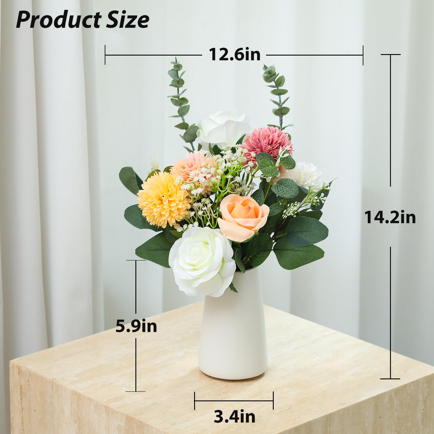 Fake Flowers In Ceramic Vase, Artificial Flowers Indoor With White Vase For Dining Table Décor, Faux Eucalyptus Flowers Arrangements For Bedroom Home Office Plants Floral Decor?Red Brown?
