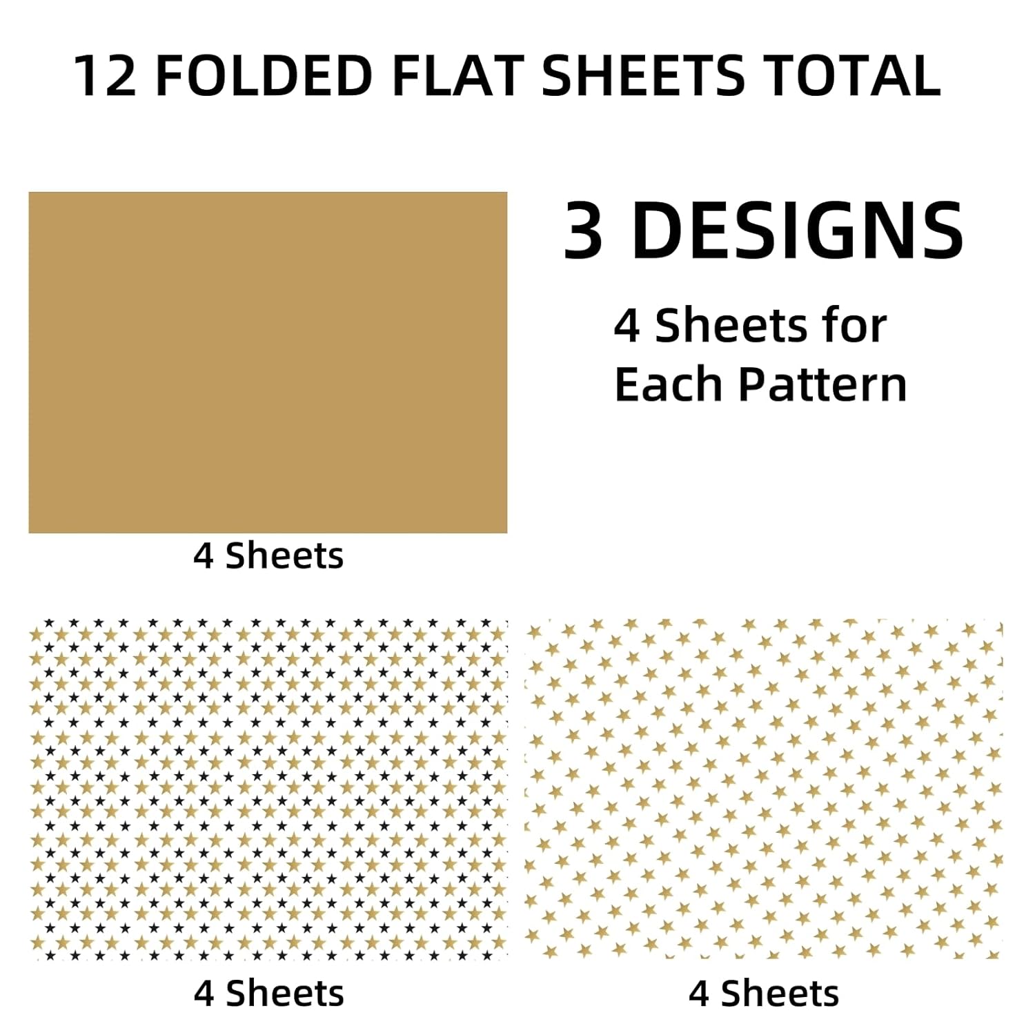 Gift Wrapping Paper 12 Sheets, Folded Flat Gift Wrap Paper For Presents, Kids, Boy And Girl, 20 X 29” Per Sheet - Gold Black Stars