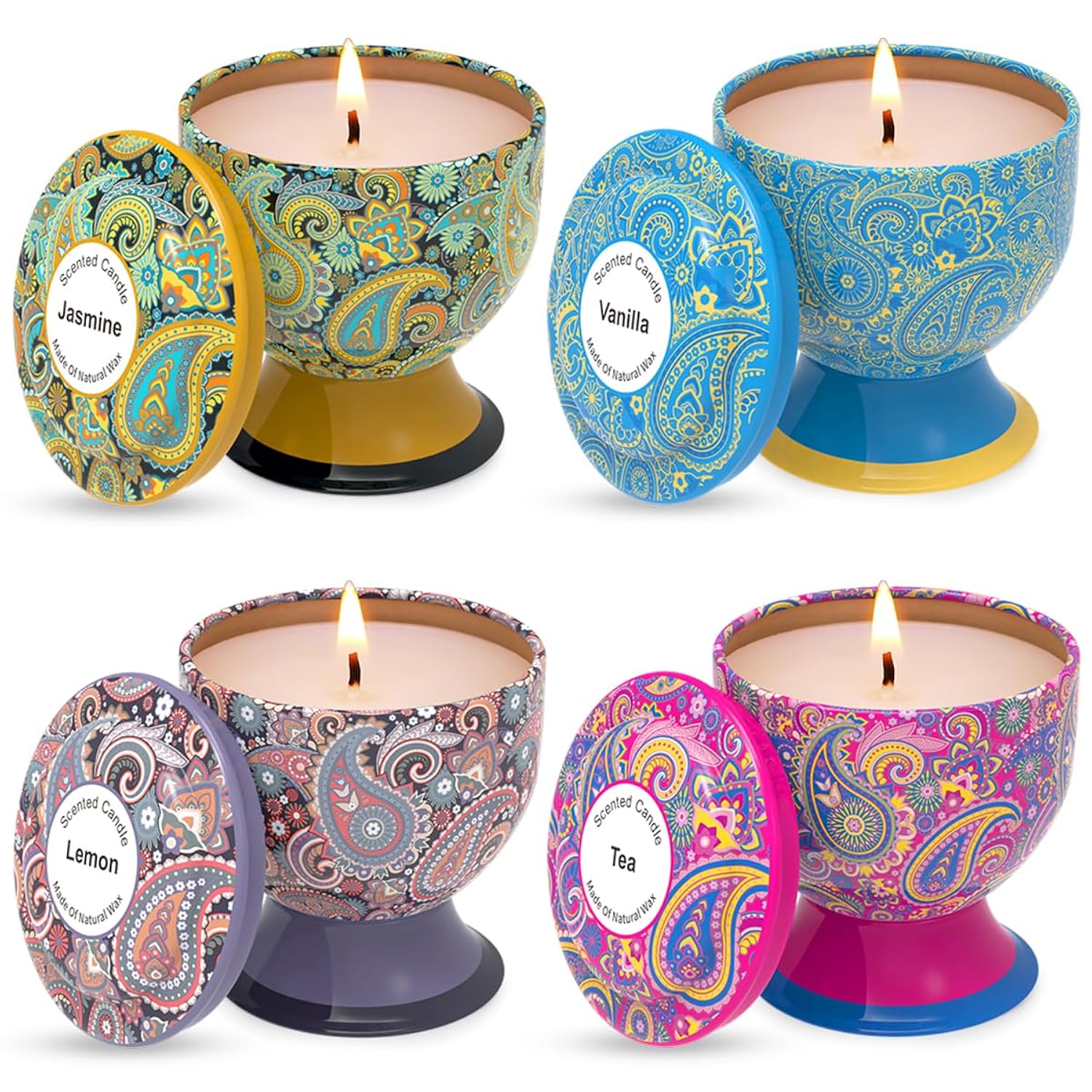 Aromatherapy Candle Stress Relief Gift Set, 4 Packs Of 4 Ounces, 100% Soy, Long-Lasting, Suitable For Family Fragrances, Holiday Decorations, Weddings (Lemon, Vanilla, Jasmine, Green Tea)