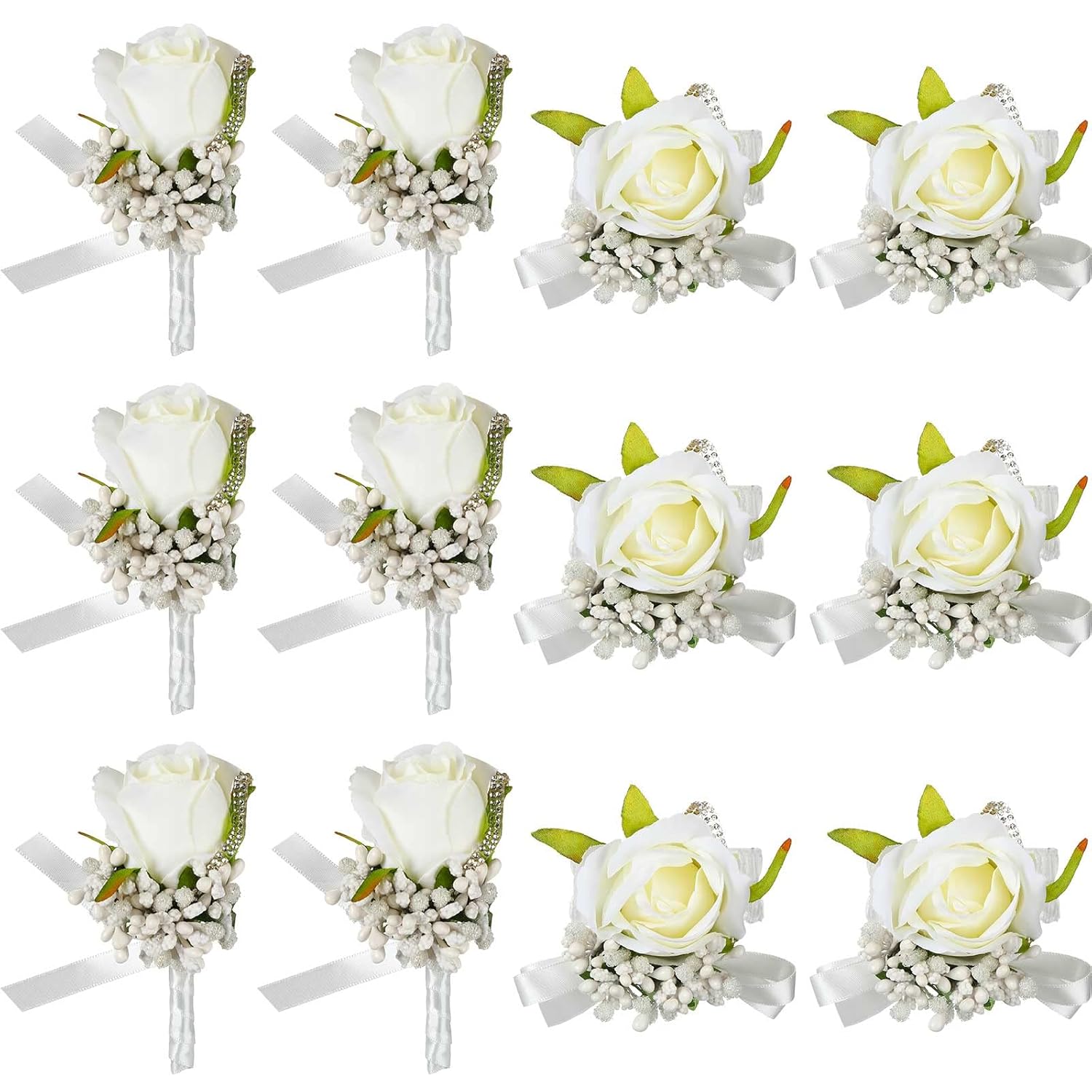 12 Pcs Wedding White Corsage And Boutonniere Set For Bride, Bridesmaid, Includes 6 Artificial Corsage Wristlet And 6 Boutonniere For Men Wedding Wrist Corsage Rose Prom Suit Decorations