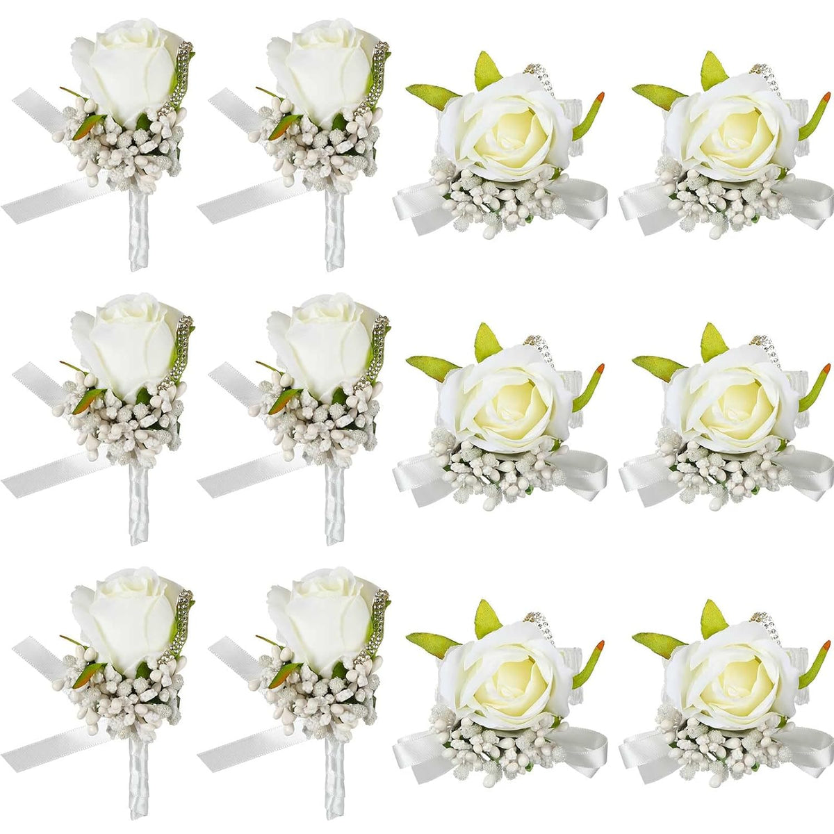 12 Pcs Wedding White Corsage And Boutonniere Set For Bride, Bridesmaid, Includes 6 Artificial Corsage Wristlet And 6 Boutonniere For Men Wedding Wrist Corsage Rose Prom Suit Decorations