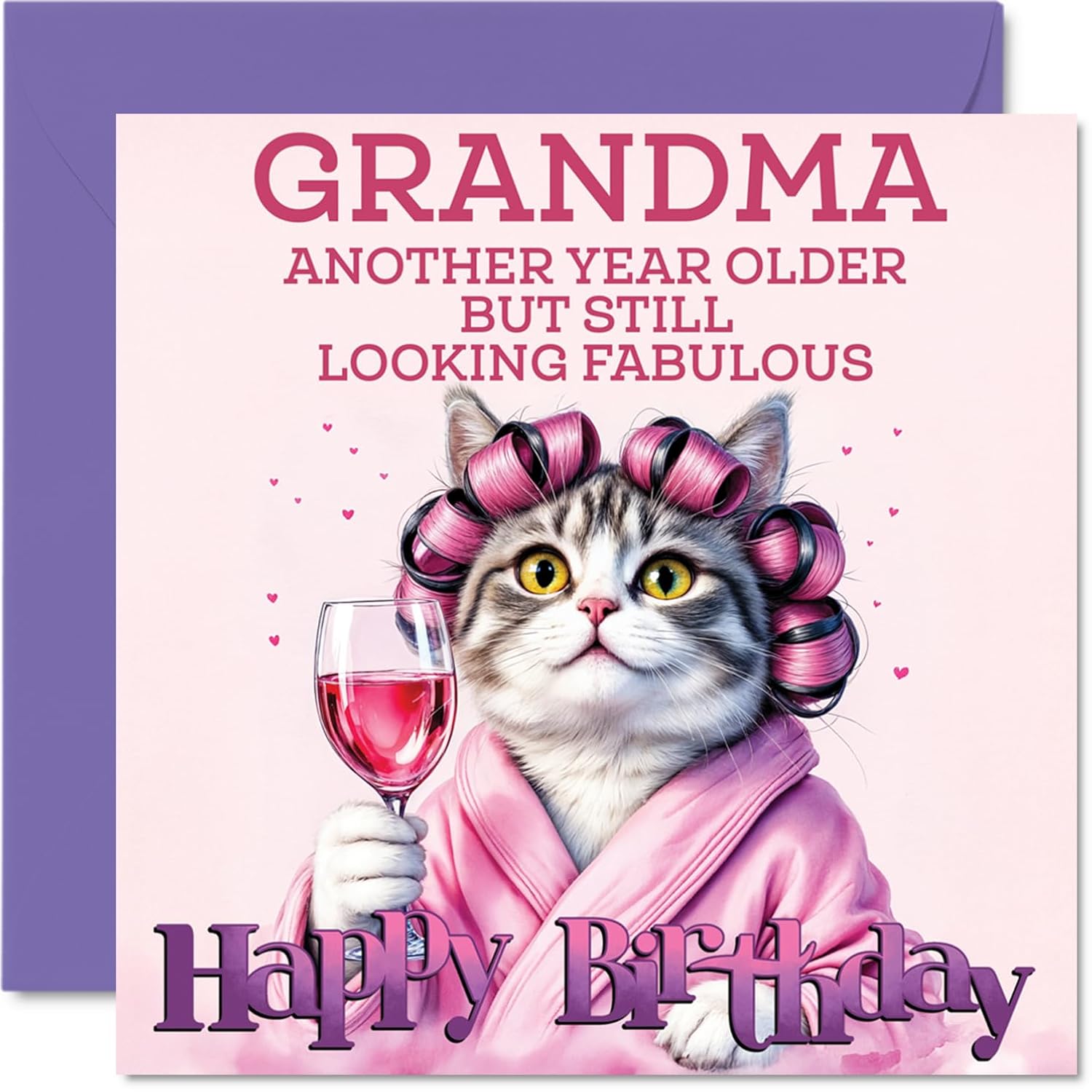 Grandma Birthday Card - Curler Cat - Happy Birthday Card For Grandma From Grandson Granddaughter, 5.7 Inch Curler Cat Bday Greeting Cards