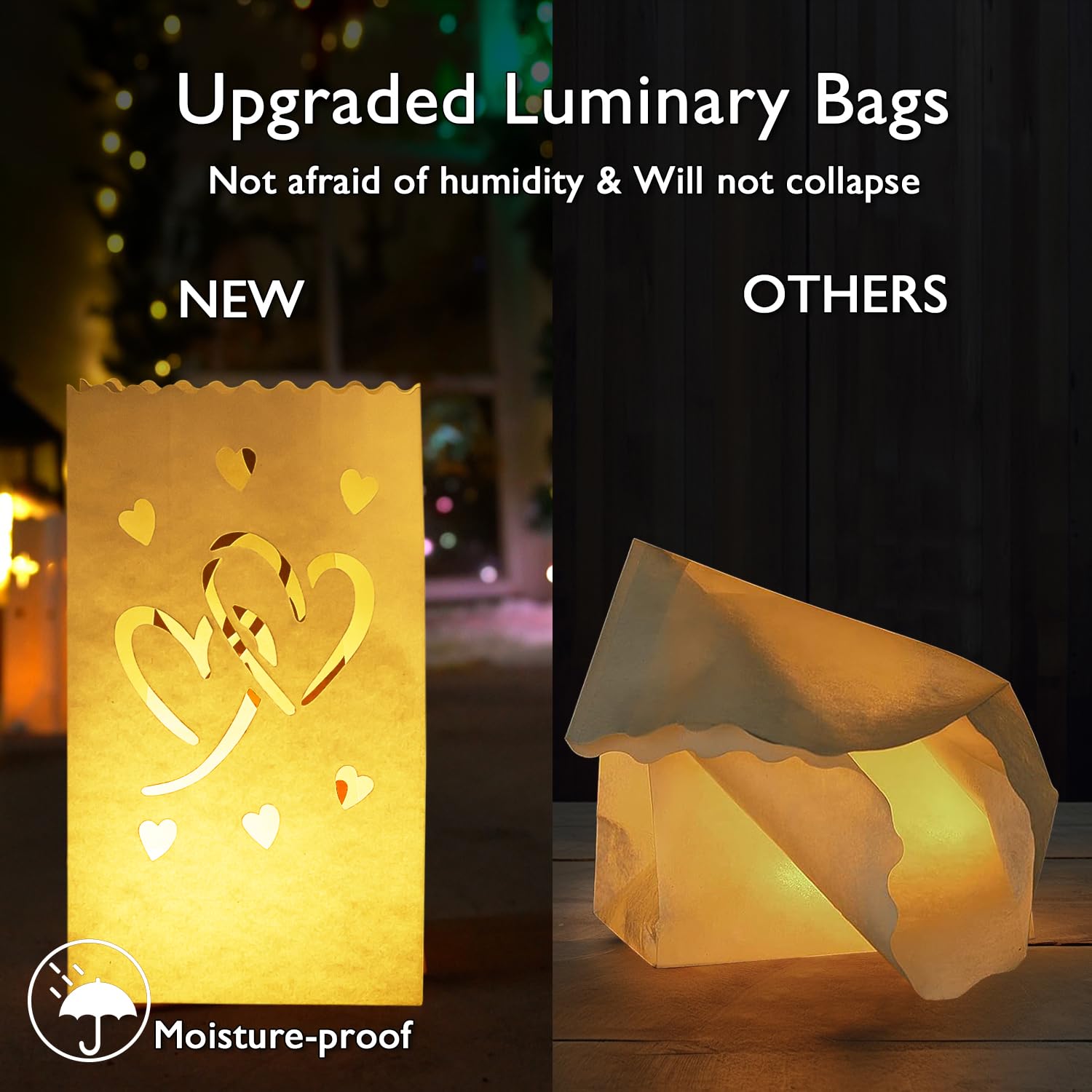 Valentine'S Day 50 Pcs White Luminary Bags With Hearts, Upgraded Moisture-Proof Candle Bags, Tea Light Luminaries For Wedding, Halloween, Thanksgiving, Christmas, Party