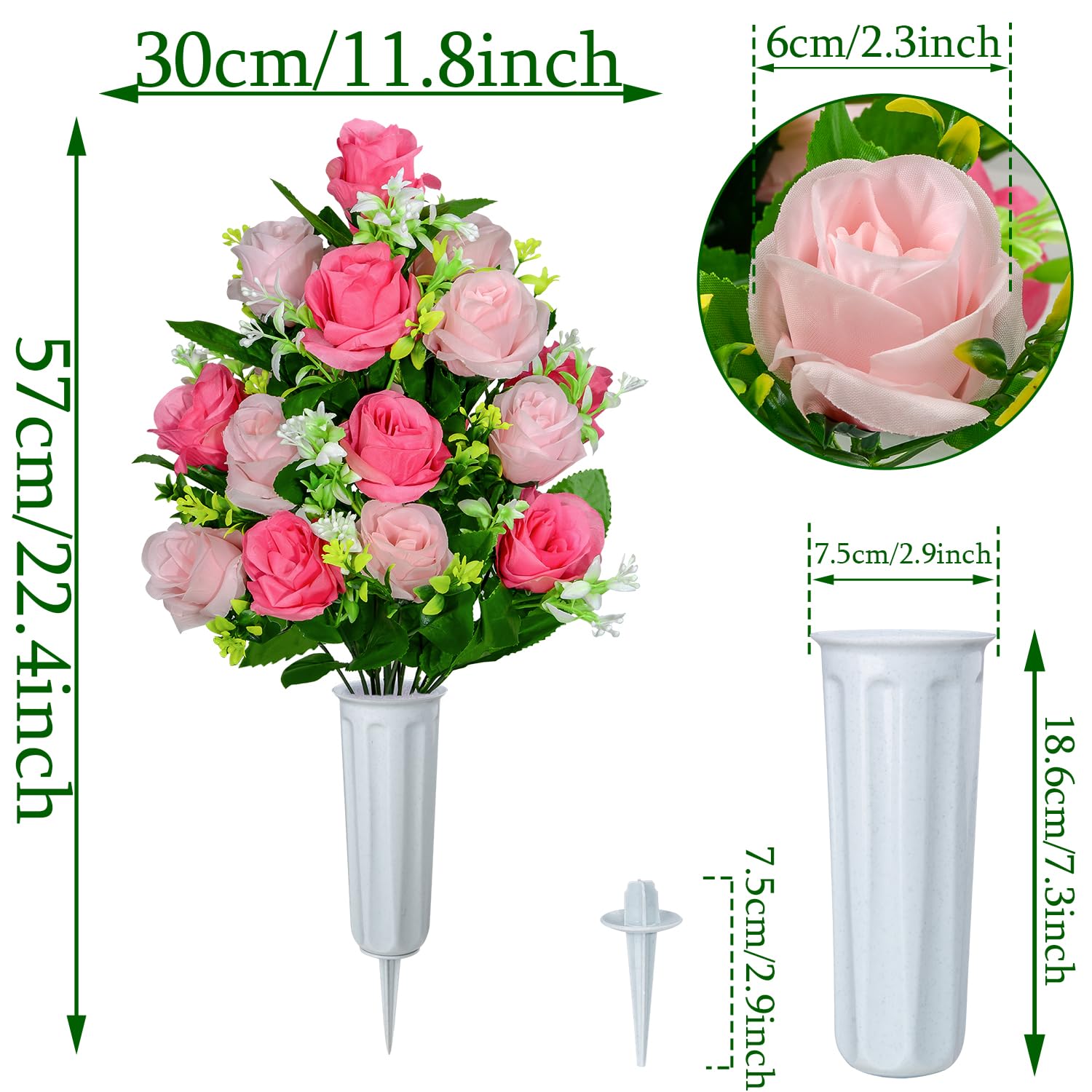Artificial Cemetery Flowers, Set Of 2 Artificial Rose Bouquet Graveyard Memorial Flowers With Vase For Cemetery Headstones Decoration (Pink-2Pcs)