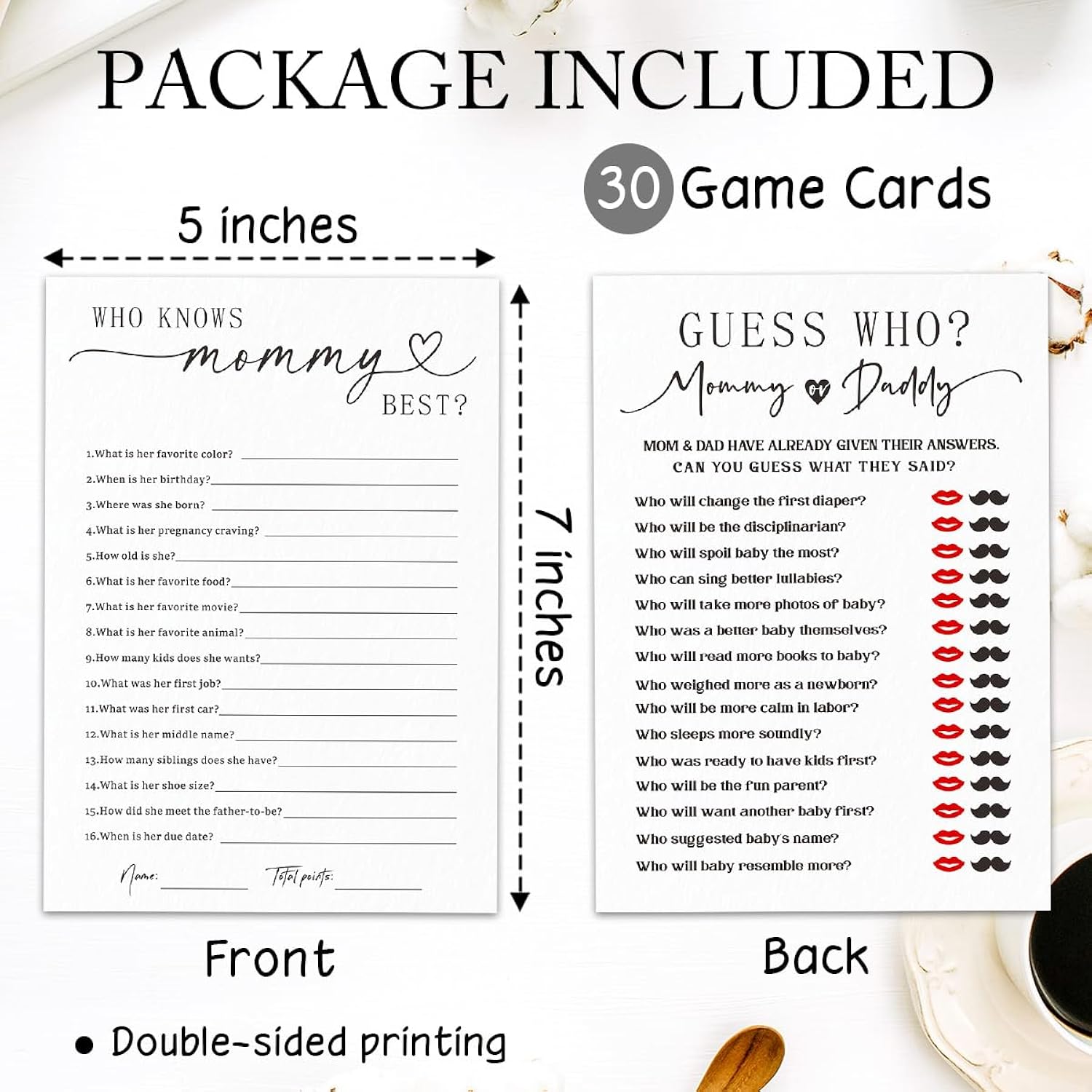 30 Pcs Baby Shower Game Cards - Mommy Or Daddy & Who Knows Mommy Best - Minimalism Double-Sided Game Baby Gender Reveal,Announcement Party Favor - A02
