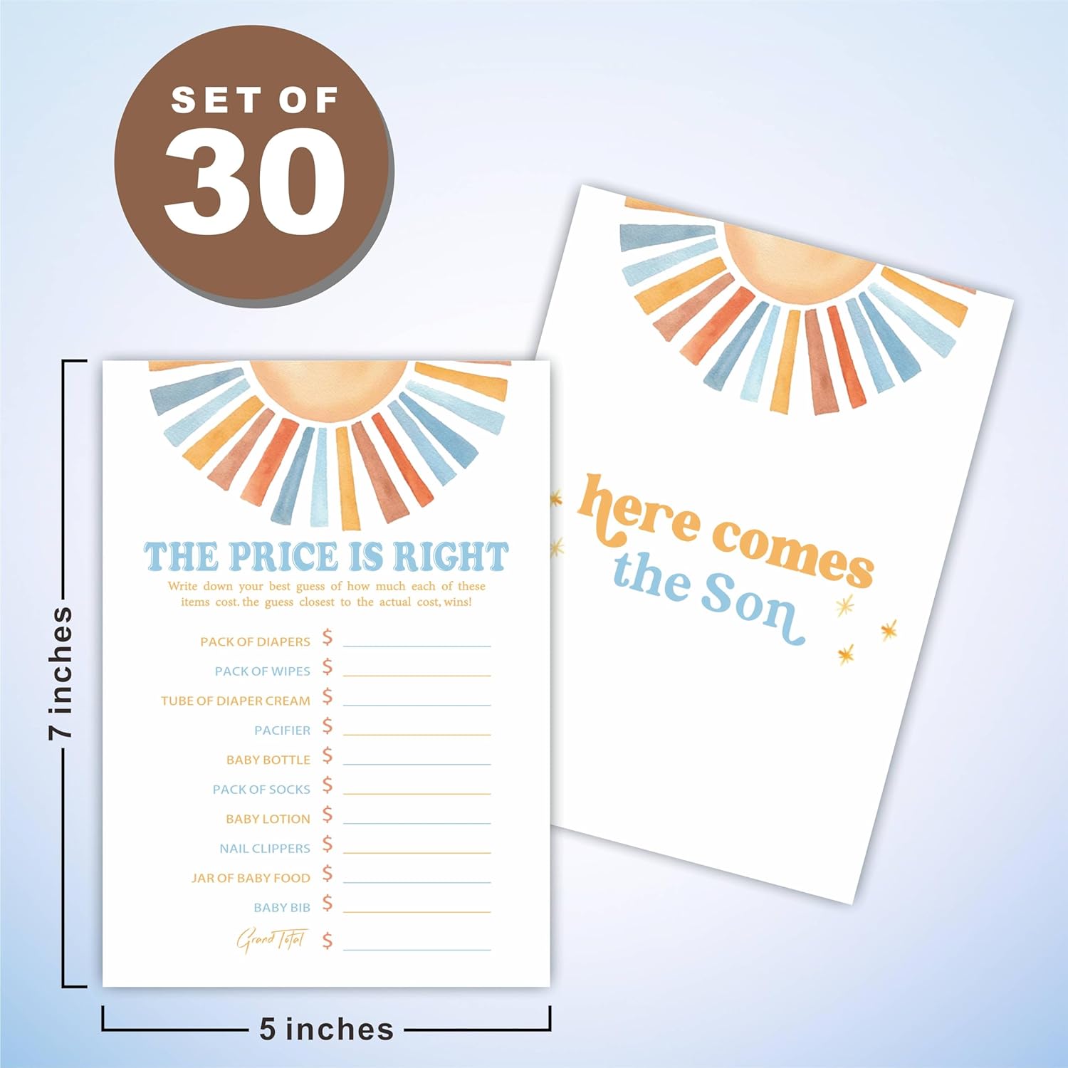 The Price Is Right Baby Shower Game Kit - Watercolor Retro Sun - 30 Double-Sided Fill In Game Cards For Baby Shower, Gender Reveal Party Favor, Activity & Supplies - B12