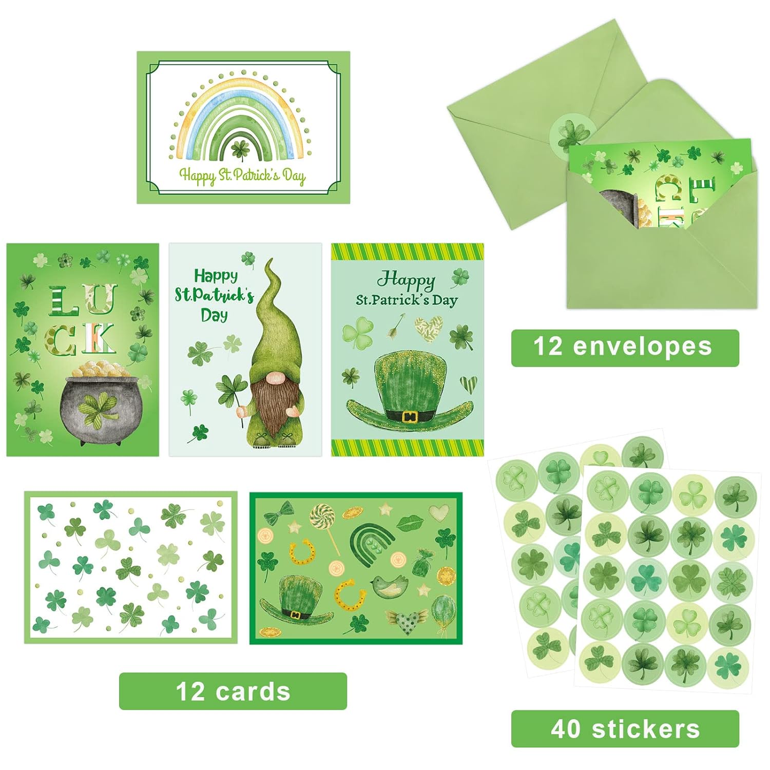 Happy St. Patrick'S Day Cards 12 Pack Assorted Greeting Notes Cards With Envelopes