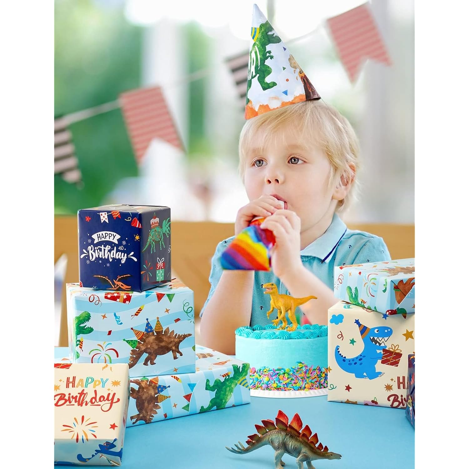 Dinosaur Wrapping Paper Rolls - 3 Rolls 17” X 120” Happy Birthday Wrapping Paper Kids Wrapping Paper Rolls Boy Dinosaur Gift Wrap Paper Dinosaur Party Favor Happy Bday Wrap With Cutting Line On Back