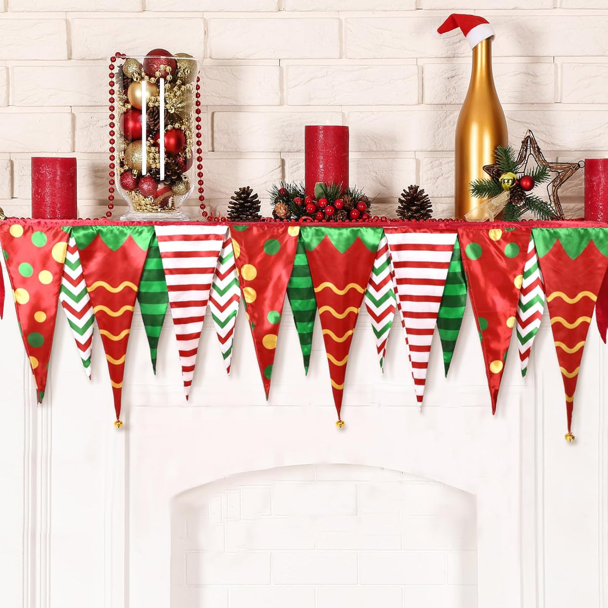 Christmas Mantel Decor Christmas Mantel Scarf Banner Christmas Red Green Fireplace Mantel Cover Runner Garland Decorations For Xmas Holiday Seasonal Winter Party Supplies, 85 X 25 Inch