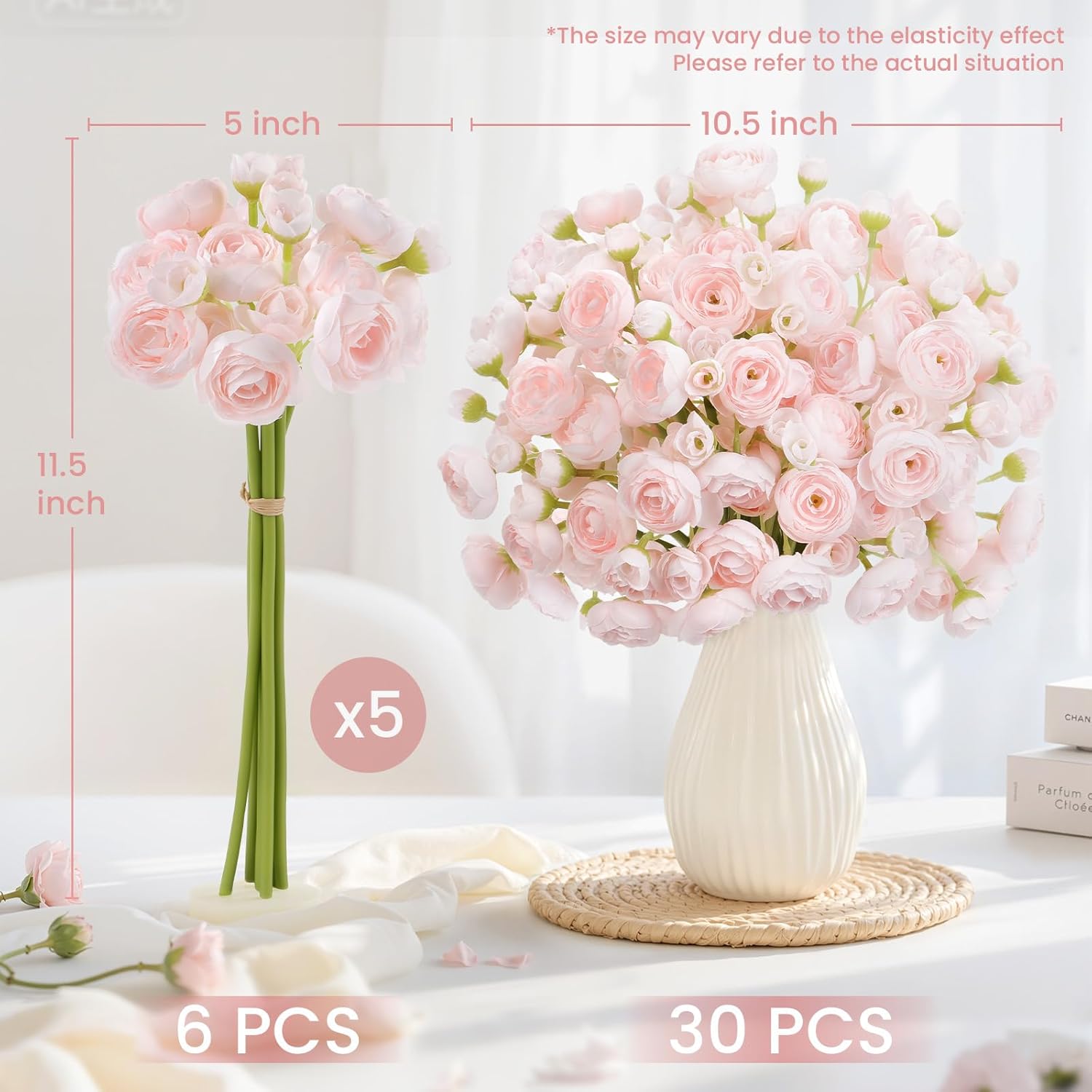 30Pcs Ranunculus Artificial Flowers Faux Silk Mini Ranunculus, Artificial Flowers Indoor For Diy Bouquets, Bulk Fake Wedding Filler Flowers For Bride Shower Decorations, Shabby Blush