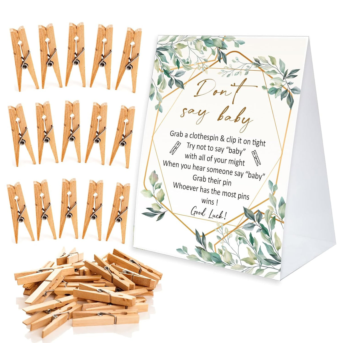 Don'T Say Baby Game For Baby Shower Clothespin Game, One 5X7 Coated Paper Sign And 50 Natural Clothespins, Greenery Theme, Gender Neutral -Ndsbb30