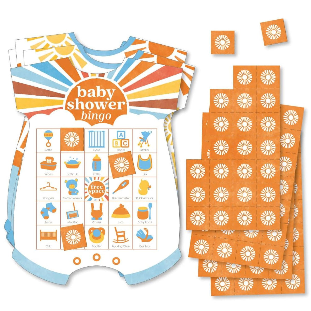 Big Dot of Happiness Here Comes The Son Baby Shower Bingo, Picture Game Cards and Markers, Boy Boho Party Supplies - Set of 18