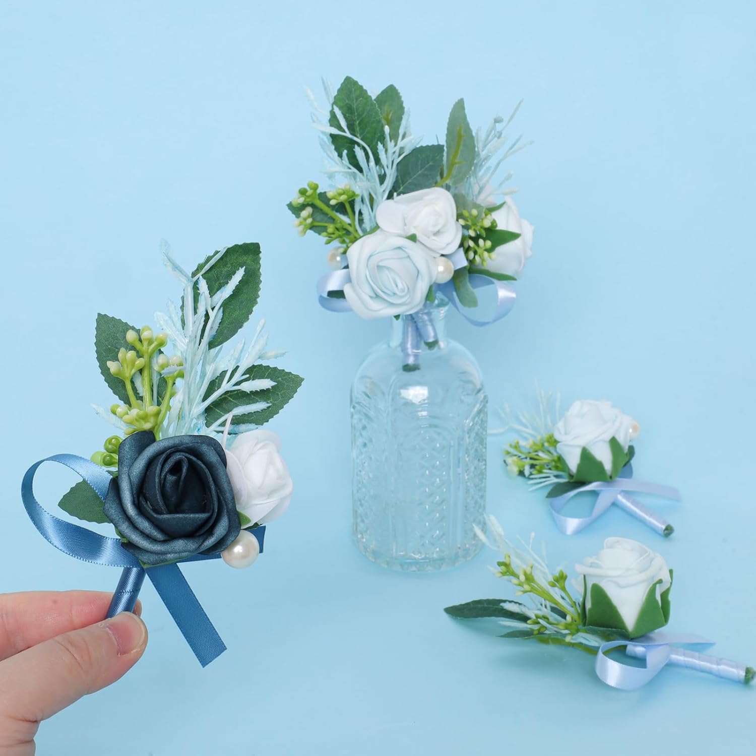6 Pcs Blue Boutonniere For Men Wedding Groom Groomsmen Best Man Artificial Flowers Boutonniere For Wedding Ceremony Anniversary Prom Flowers Formal Dinner Party