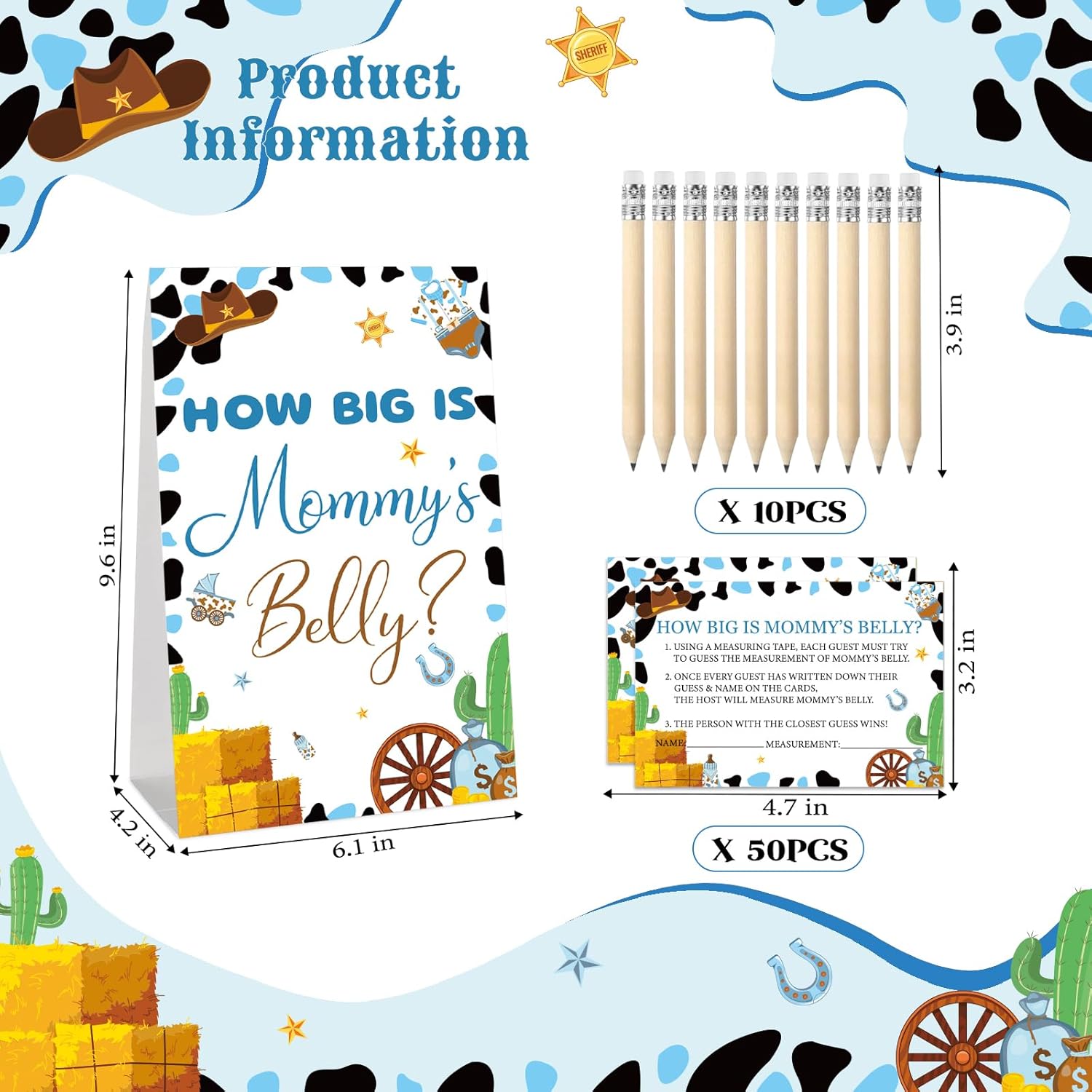 How Big Is Mommy’S Belly Baby Shower Game Set, 64 Pcs Cowboy Western Guessing Game With 50 Cards, 10 Mini Pencils, And 3 Measuring Tapes, Fun Baby Shower Activity For Boy Gender Reveal Or Rodeo Party