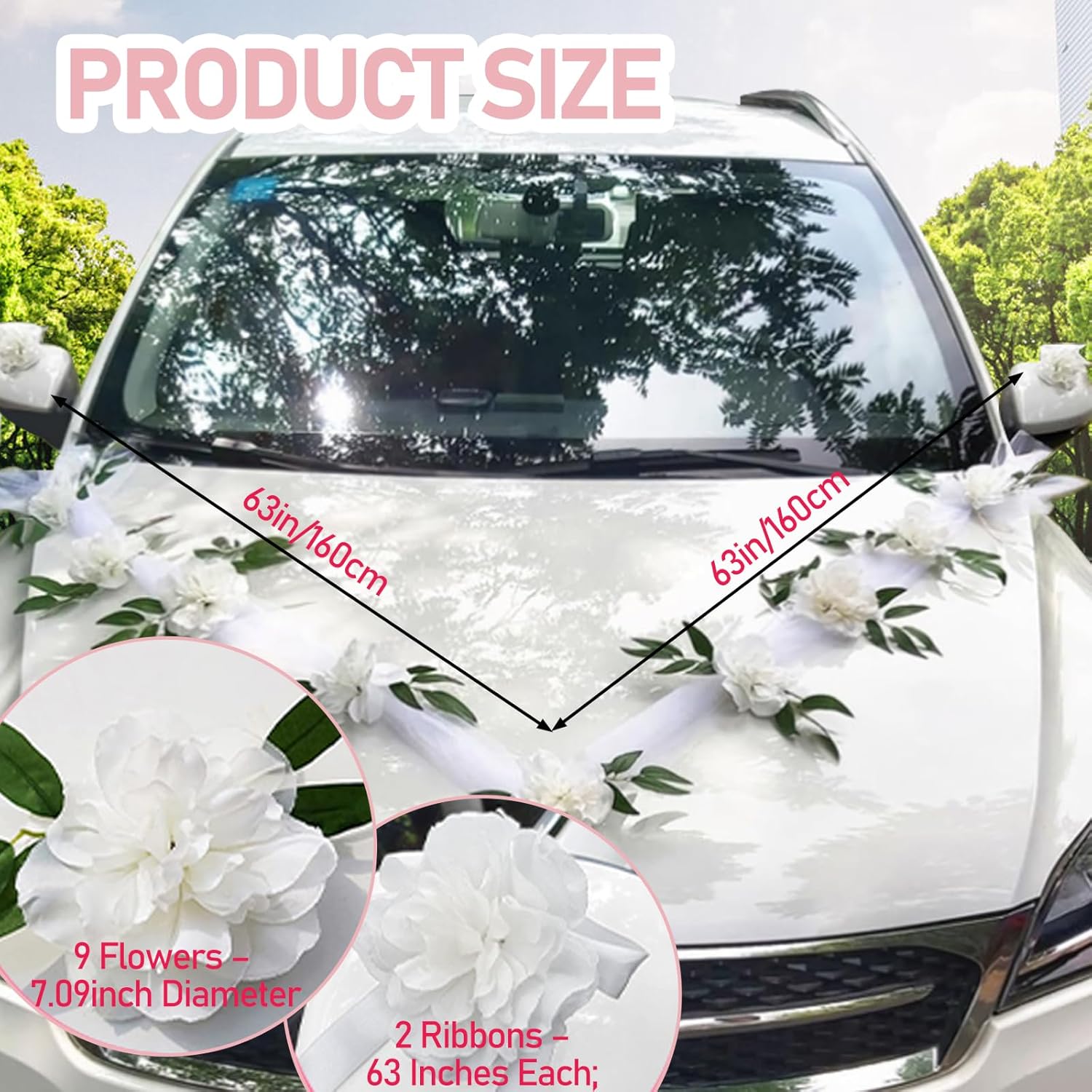 Luxury Wedding Car Decor Kit With White Artificial Floral Garland And Satin Bows For Newlyweds Large Outdoor Use