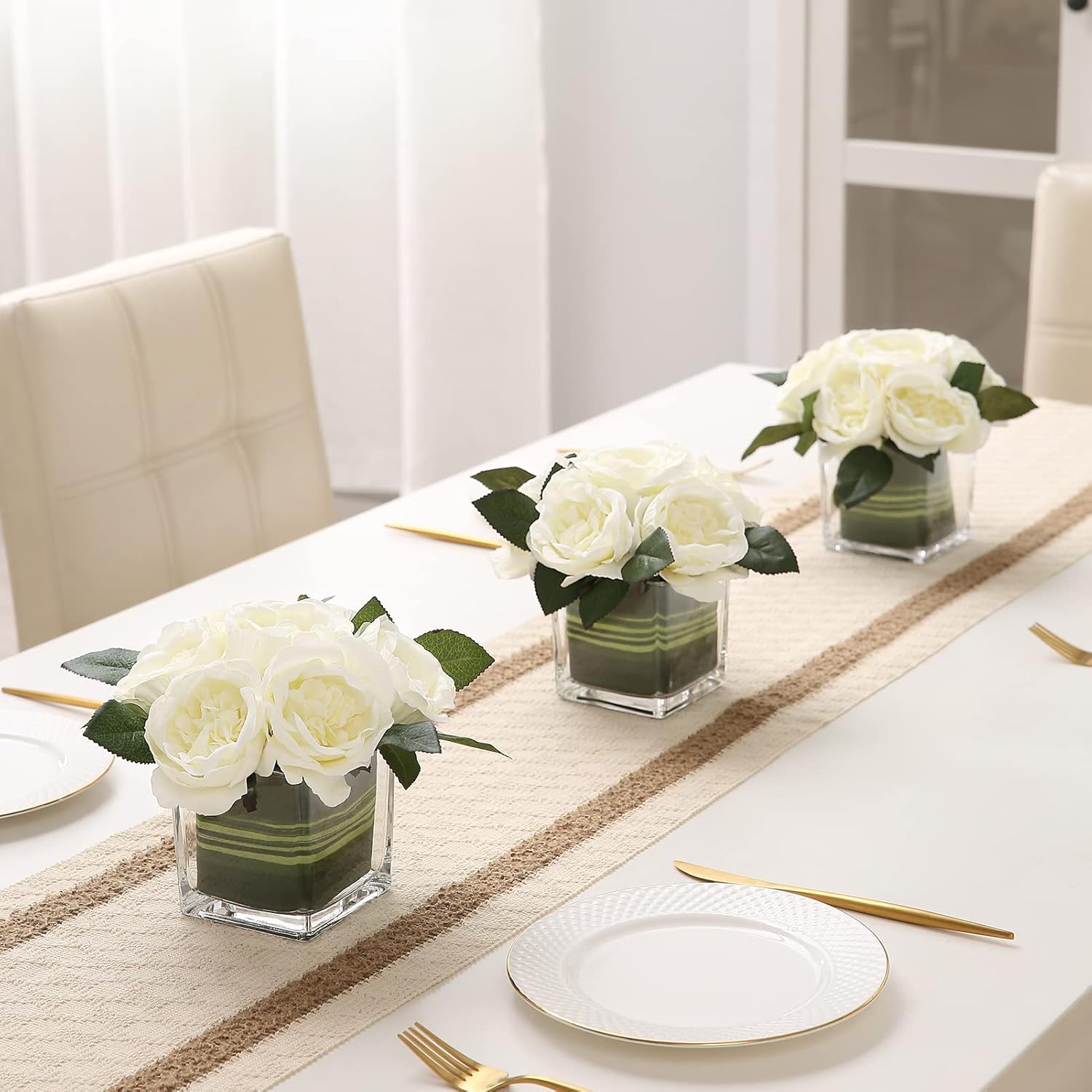 Artificial Peony Silk Flower Centerpieces Faux Floral Arrangement In Glass Vase For Home Wedding Table Decoration (Cream)