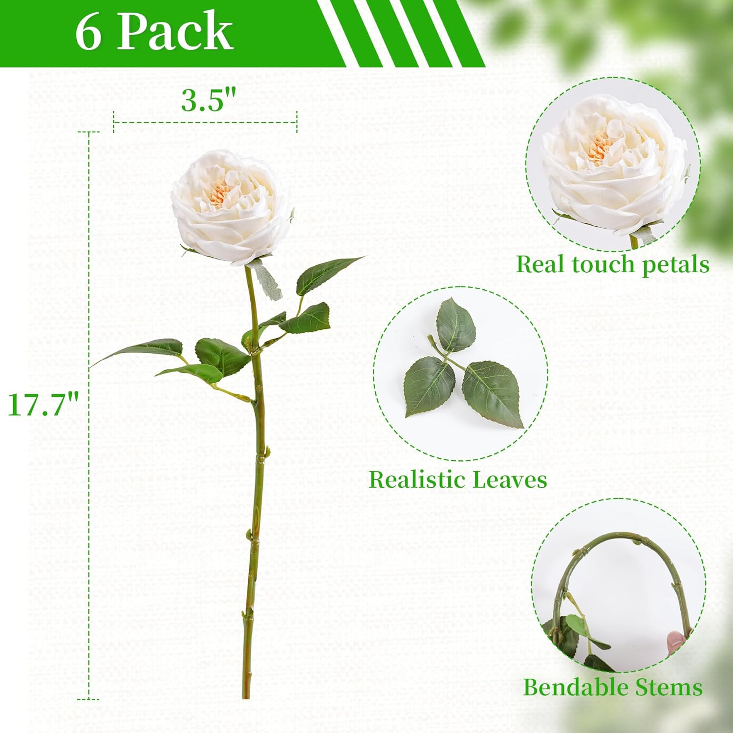 3.5'' Larger Bloom White Roses Artificial Flowers,6 Pcs Latex Fake Austin Rose Real Touch Flowers For Bridal Bouquet Home Wedding Table Centerpieces Birthday Decor