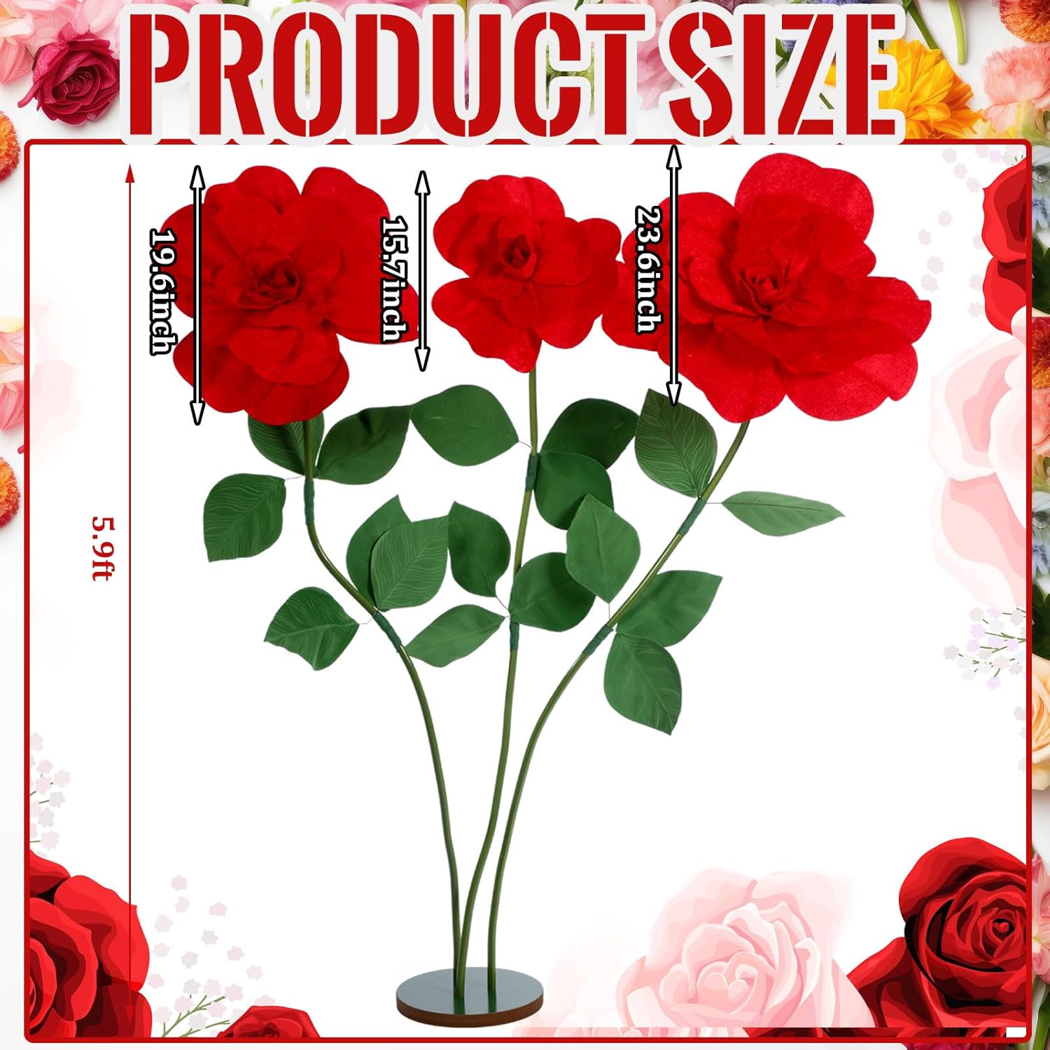 1 Set 5.9 Ft Valentines Giant Artificial Flowers Decoration Flannel Rose With Standing Stems And Base Valentines Giant Flowers Decoration For Wedding Reception Banquet Ceremony Party Window