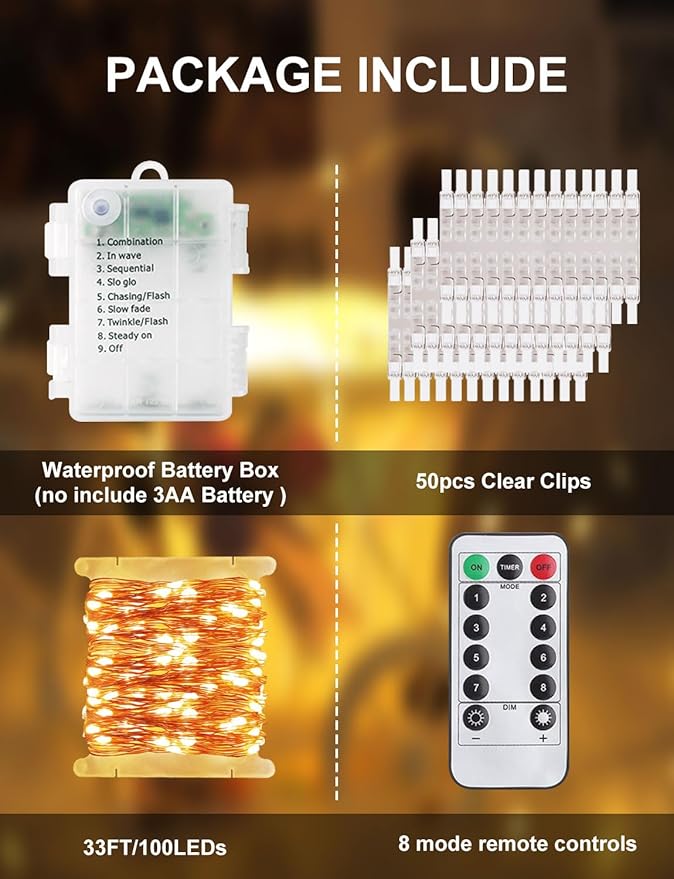 33FT Photo Clip String Lights 100 LED Battery Operated Fairy Lights with Remote 50 Clear Clips 8 Modes for Bedroom Wall Decor