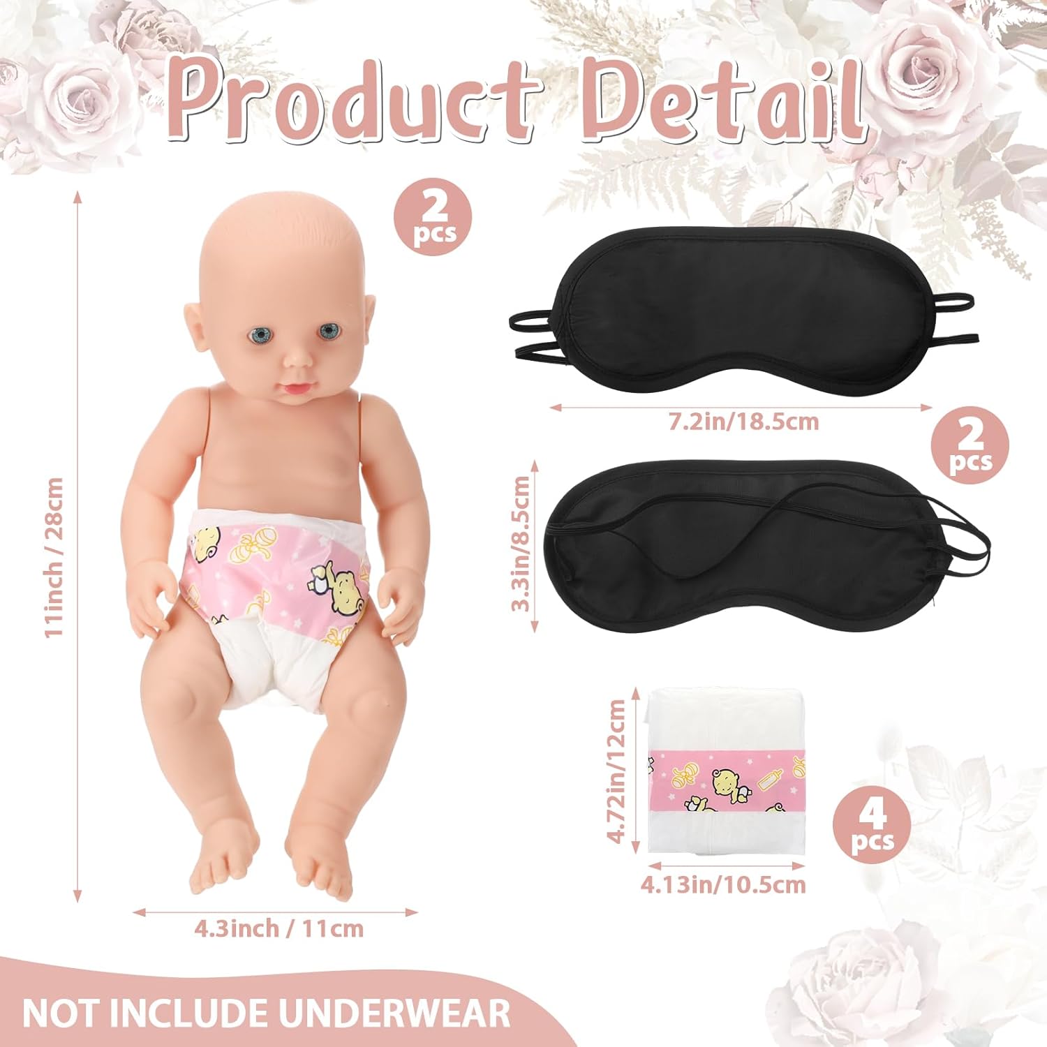 9 Pc Baby Shower Game Set - Blindfold Diaper Changing Race With Blindfolds & Diapers (Rose, Flesh Pink)