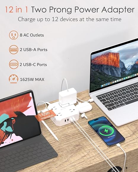 2 Prong Power Strip Adapter 8 Outlets 4 USB Ports 2 USB C 5FT Flat Plug Surge Protector 1400J