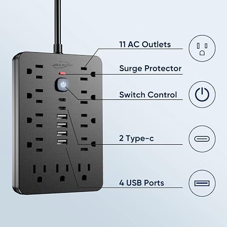 Flat Plug Surge Protector Power Strip 11 Outlets 6 USB Ports 2 USB C 6FT Extension Cord 17 in 1