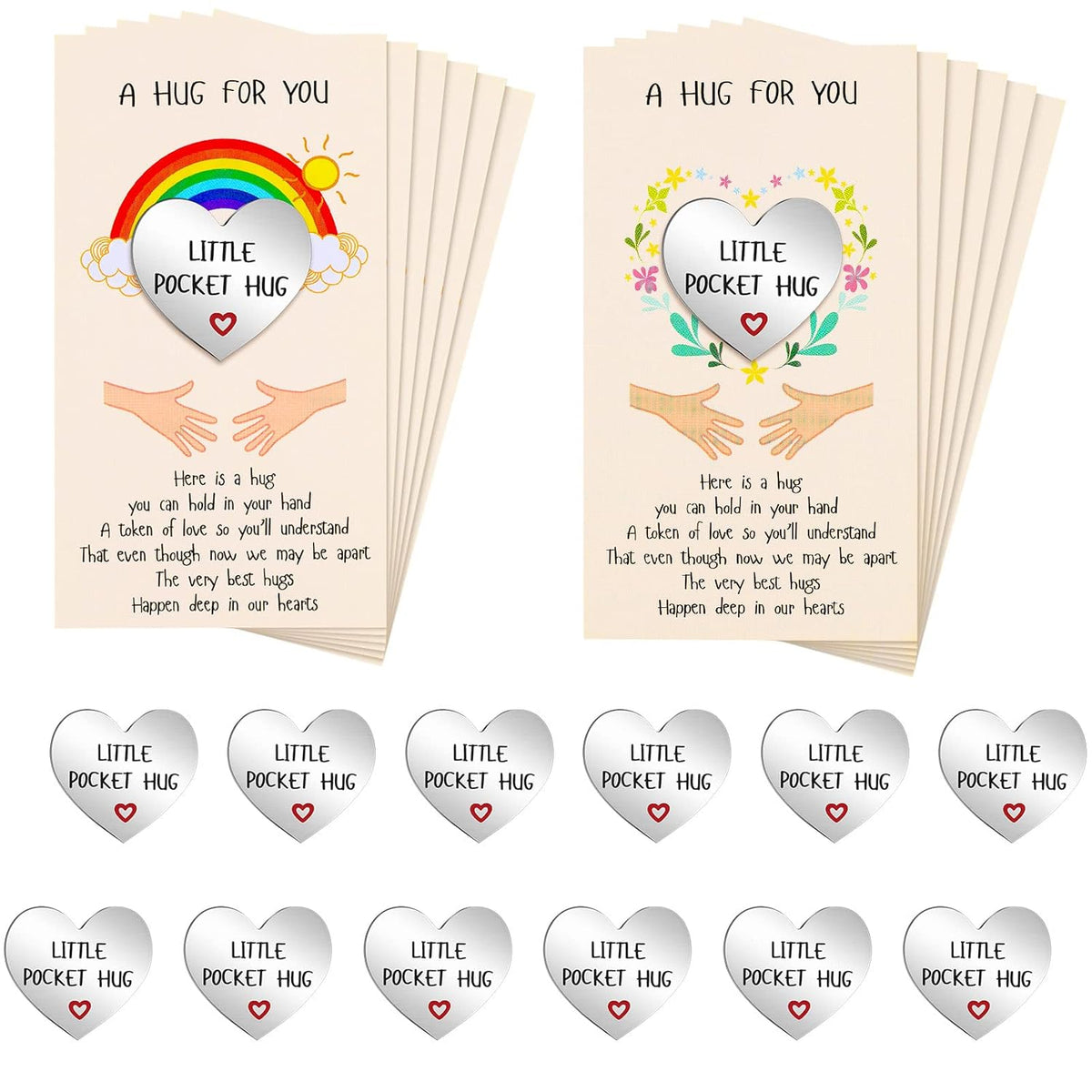 40 Sets Little Heart Pocket Hug Token Metal Heart Token Hug Card Greeting Cards Keepsake For Friends Colleagues Family Distance Social Present During Lockdown (Silver)