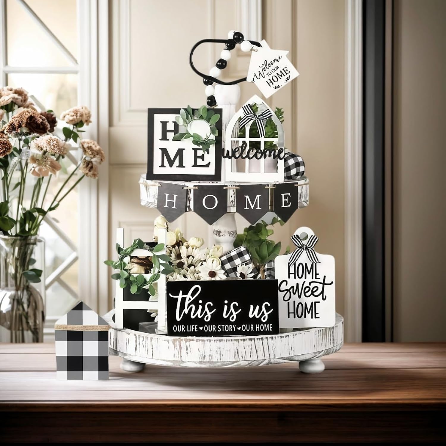 Tiered Tray Decor Set For Rustic Home Country Kitchen Dining Room Living Room Table Decorations Farmhouse Modern White And Black Tray Decorative With Wooden Beads And Board (No Tray)