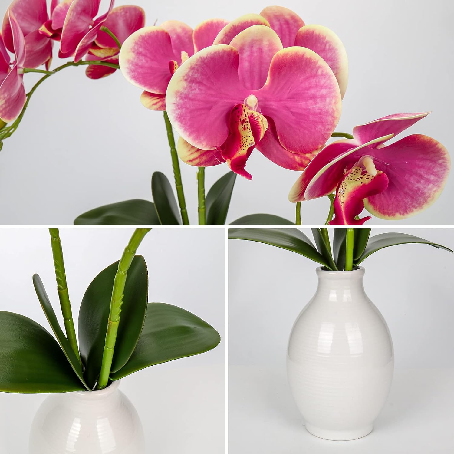Pink Orchids Artificial Flowers 16'' Faux Orchids In Ceramic Vase Fake Orchid Arrangement For Home Office Room Table Centerpieces Kitchen Elegant Decor Indoor