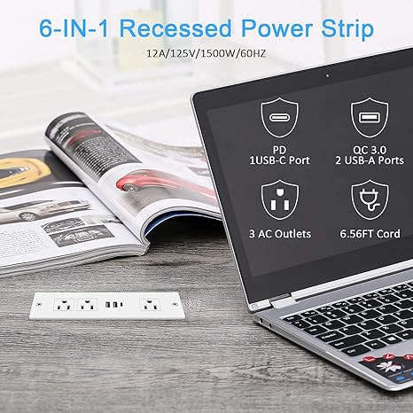 Recessed Power Strip USB C 20W Flush Mount Outlet 3 Outlets 3 USB 6FT Flat Cord White
