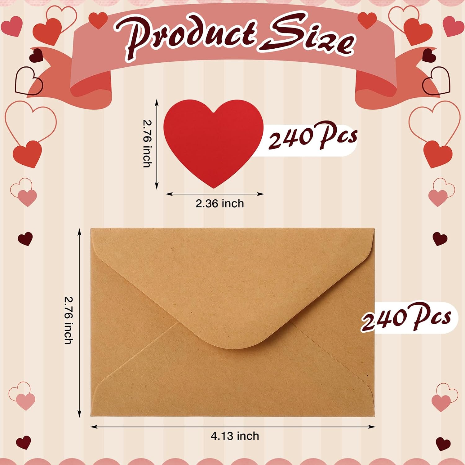 240 Pcs Valentine'S Day Mini Envelopes With 240 Pcs Blank Heart Shaped Greeting Cards 4.13 X 2.76 Inch Diy Small Enclosure Card Blank Gift Note For Valentines Anniversary(Red Heart)