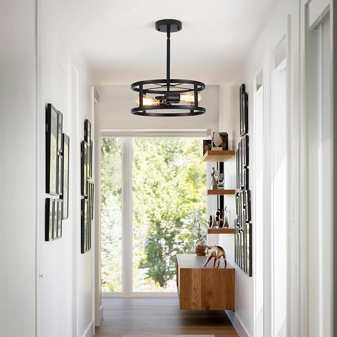 2 Light Industrial Black Semi Flush Mount Ceiling Light Farmhouse Fixture