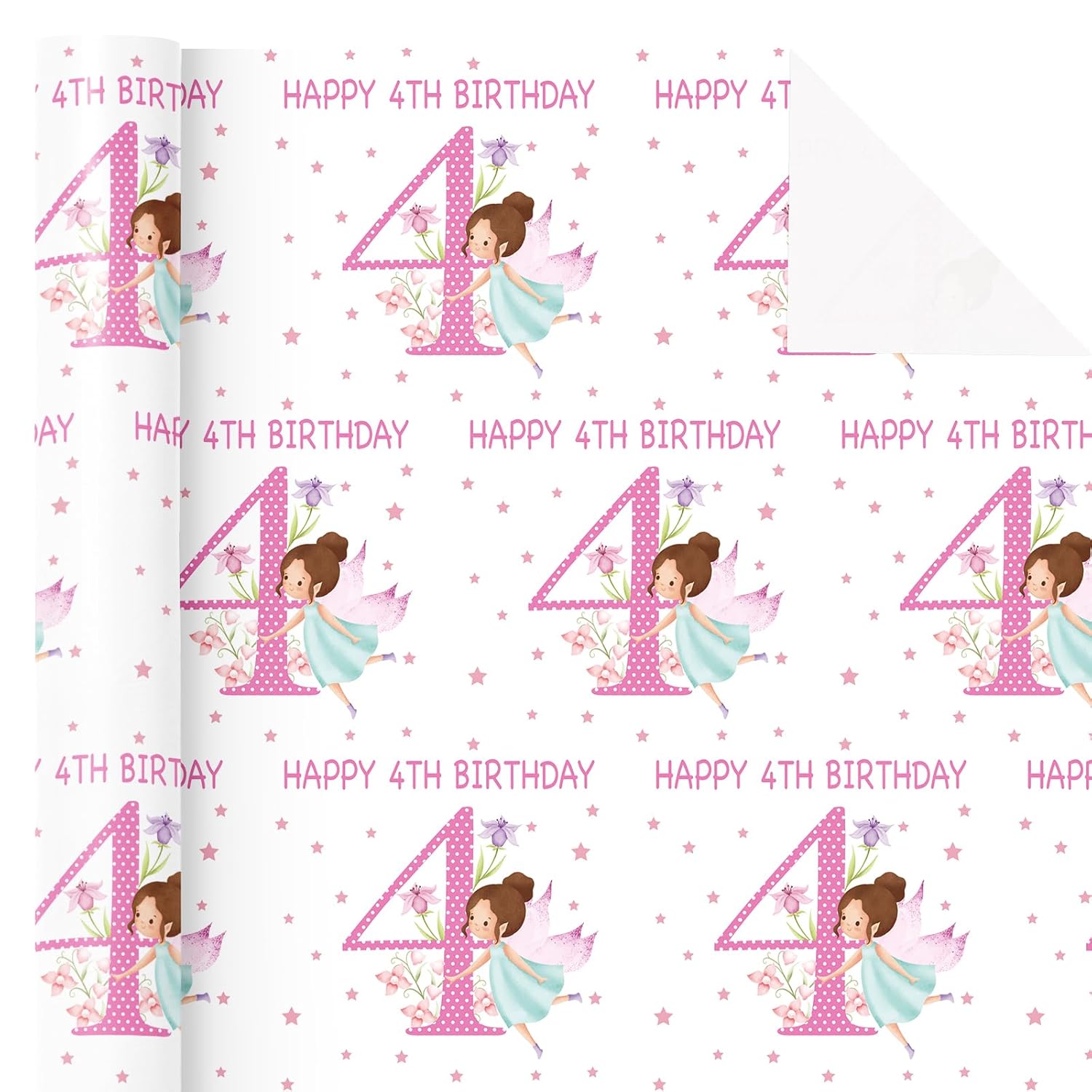 Girls 4Th Birthday Wrapping Paper Roll - Mini Roll - 17 Inch X 16.5 Feet - Girl Fairy Happy 4Th Birthday Wrapping Paper Perfect For Kids Girls, Baby Shower, Party