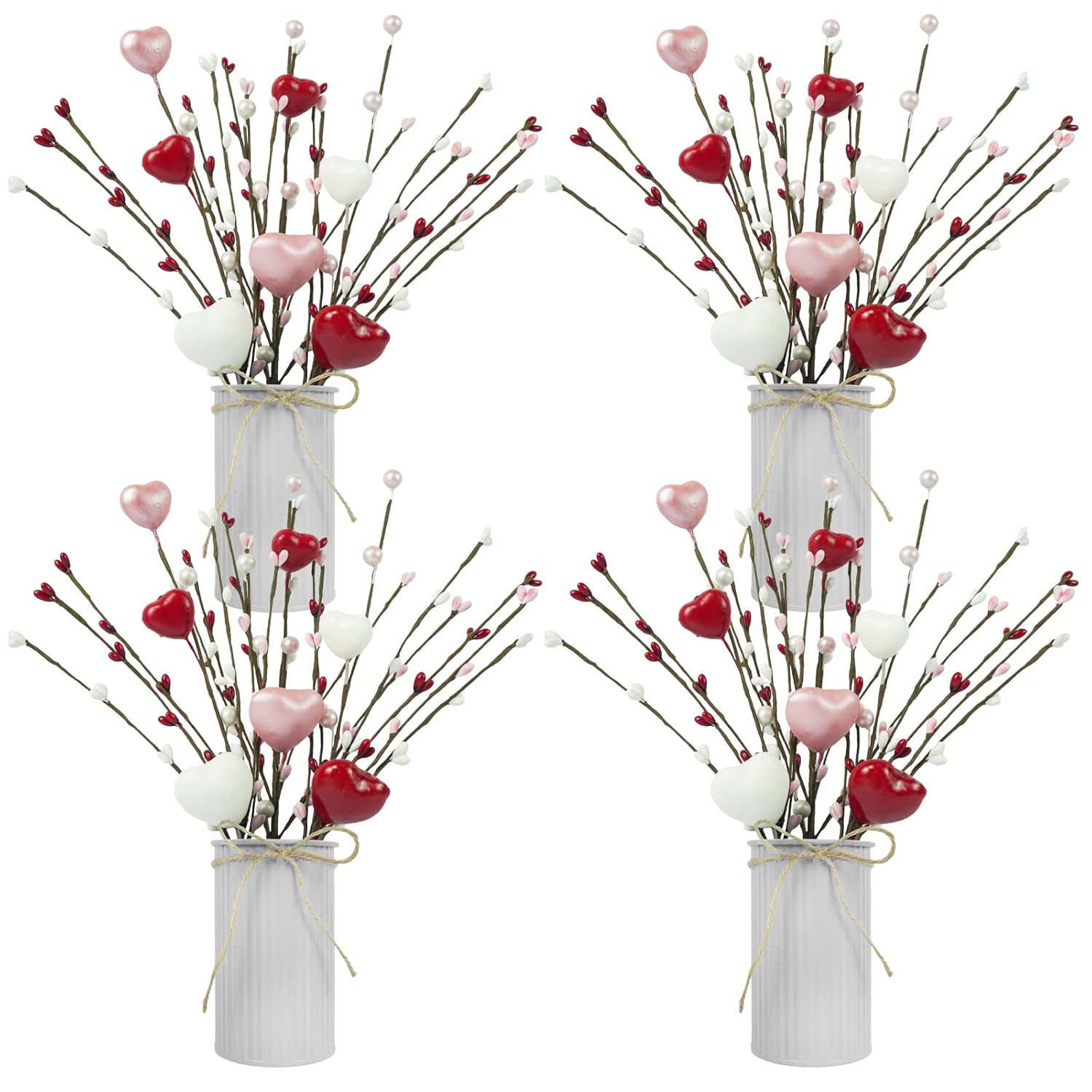4 Pcs Artificial Valentines Day Flower Picks 12'' Fake Berry Floral Branches With Metal Pot Heart Shaped Stem Branches For Home Wedding Decor