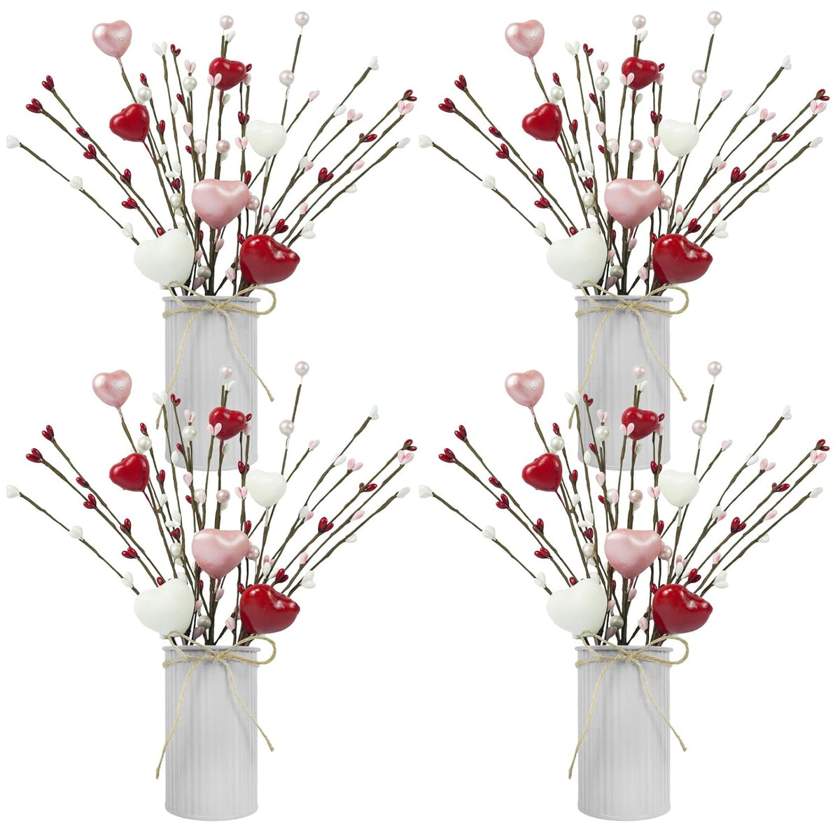 4 Pcs Artificial Valentines Day Flower Picks 12'' Fake Berry Floral Branches With Metal Pot Heart Shaped Stem Branches For Home Wedding Decor