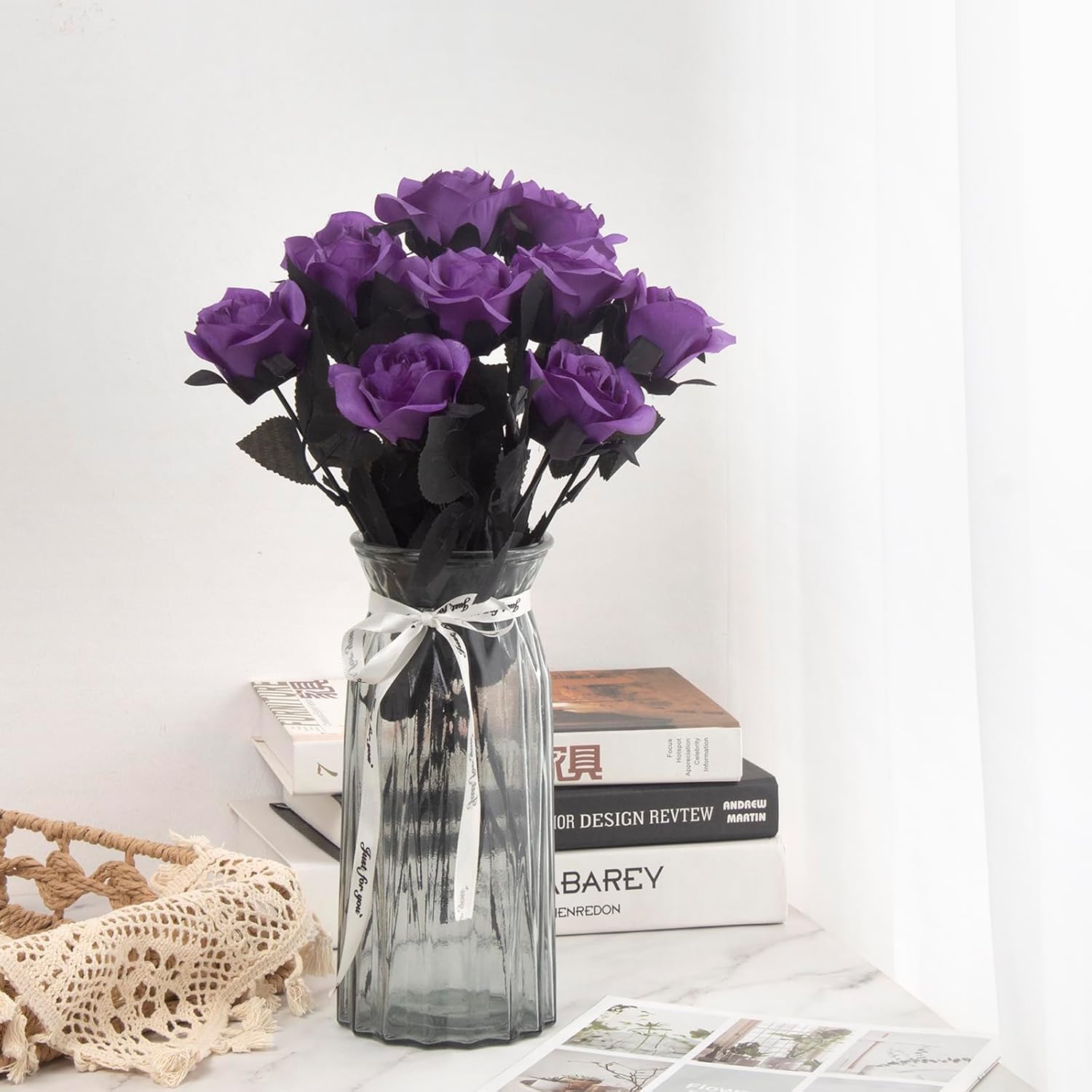 10Pcs Artificial Black Rose Flowers, Single Stem Fake Silk Flowers Bridal Wedding Bouquet (Purple/10Pcs)